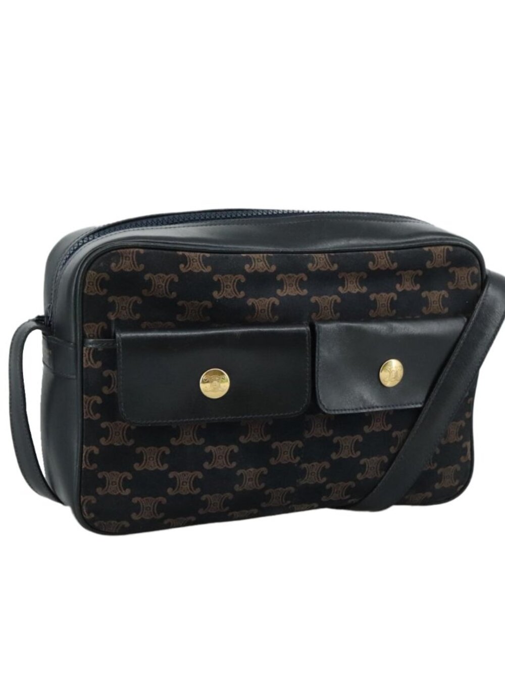 CELINE Macadam Canvas Shoulder Bag Suede Leather Navy